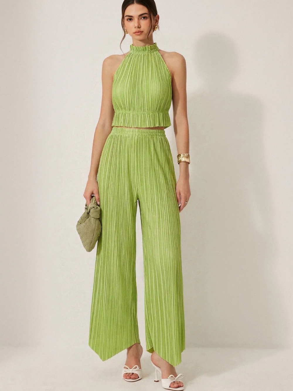Commense Pleated Halter Crop Top & Pants Set Lime Green Size XS